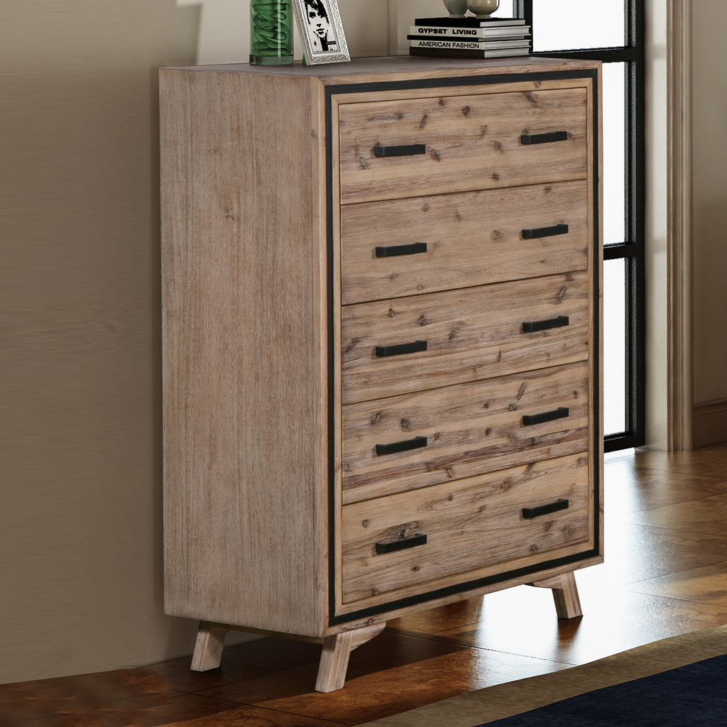 Elegant 5-Drawer Tallboy in Silver Brush Finish