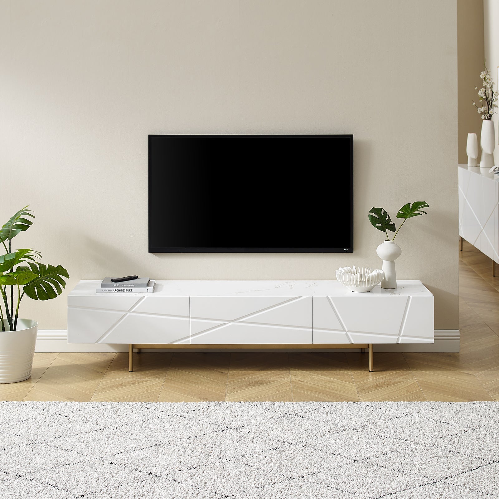Amelia Glossy White TV Cabinet with Metal Base