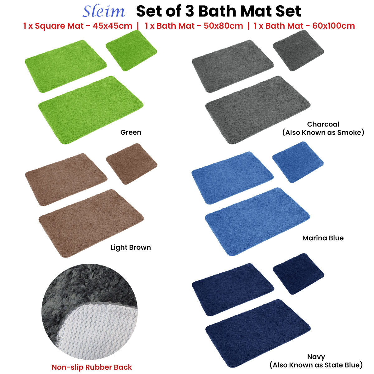 Sleim Set of 3 Bath Mat Set Plush Absorbent Non-Slip Bathroom Rugs for Home