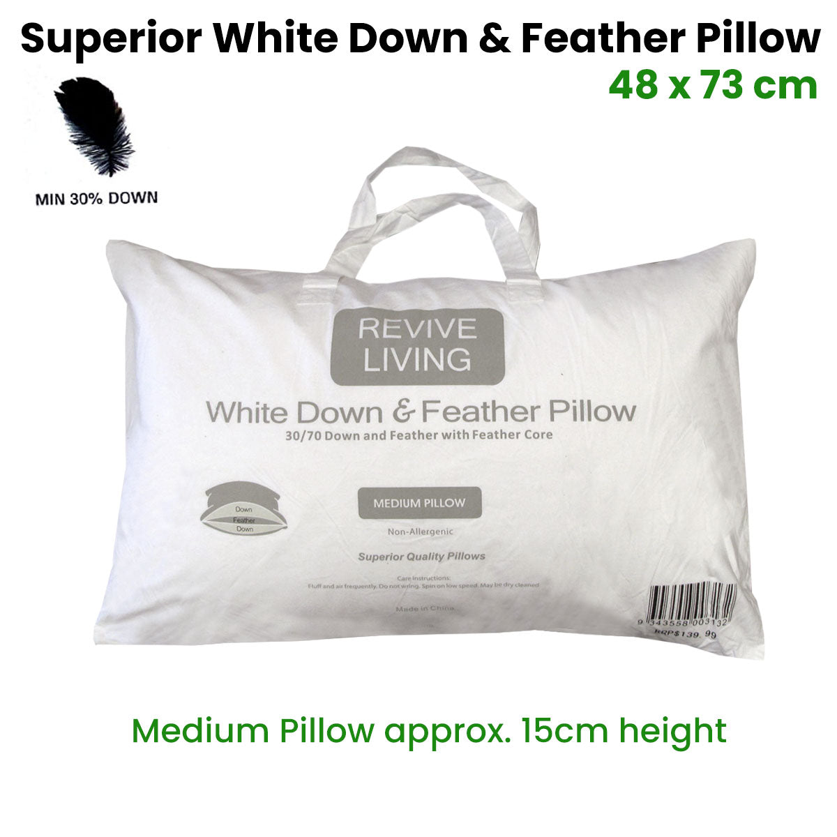 Luxury Medium Standard Pillow 70% Feather, 30% Down