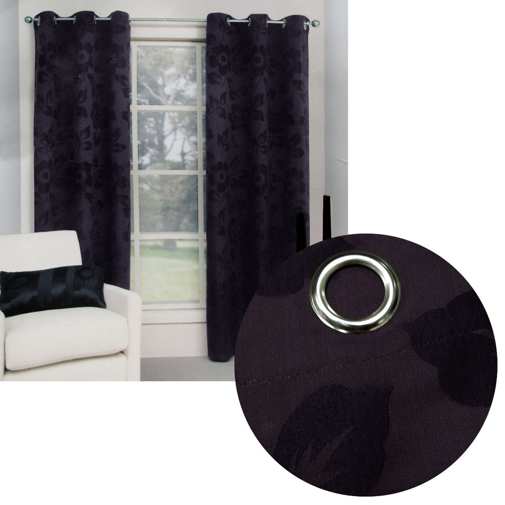 Aubergine Floral Jacquard Eyelet Curtains Pair