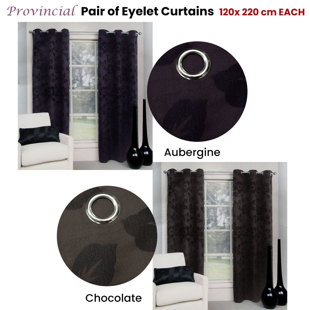 Aubergine Floral Jacquard Eyelet Curtains Pair