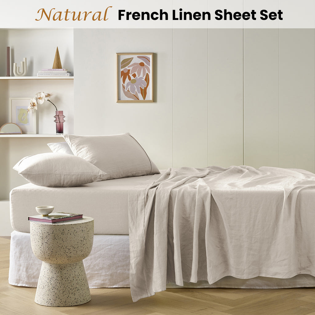 Vintage Design Homewares Natural French Linen Sheet Set - Premium Breathable Bedding