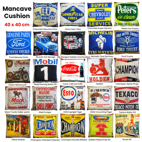 Australian Mancave Retro Cushion Collection Vintage Automotive & Retro Logos Range
