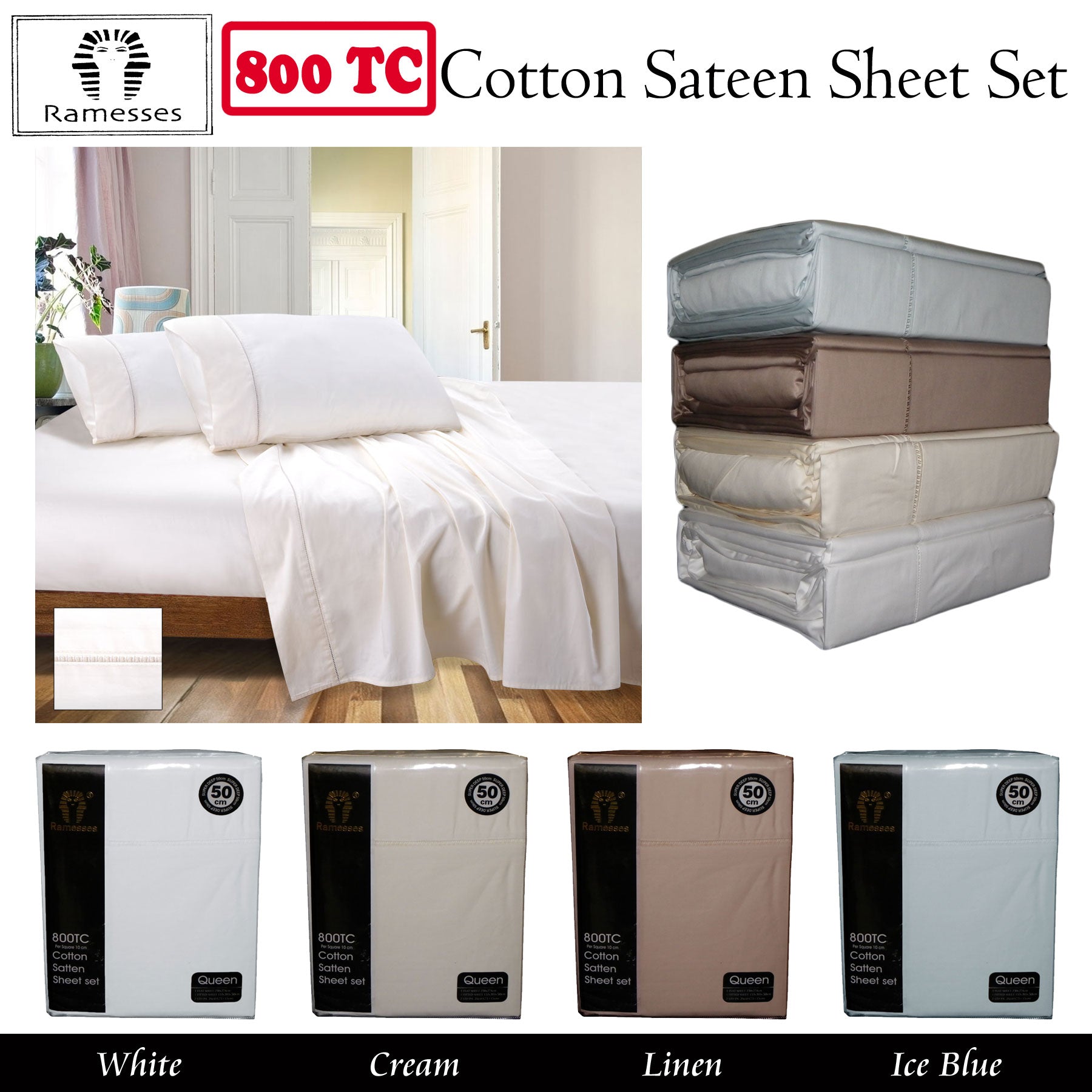800TC Ramesses Cotton Sateen Sheet Set Luxury Egyptian-Style Hotel Bedding Collection