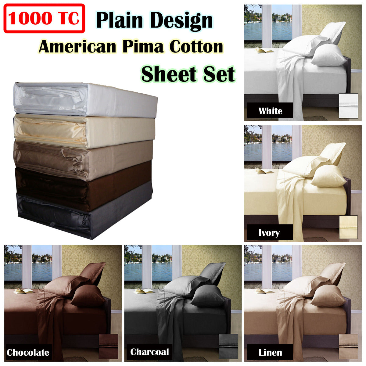 Ramesses 1000TC American Pima Cotton Plain Design Sheet Set Luxury Bedding Collection