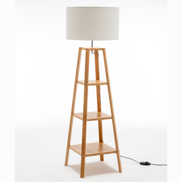 Natural Wood Floor Lamp with Shelves