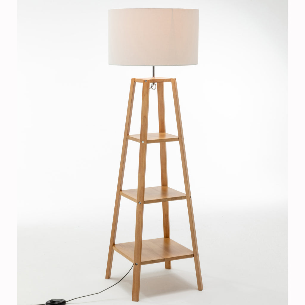 Natural Wood Floor Lamp with Shelves