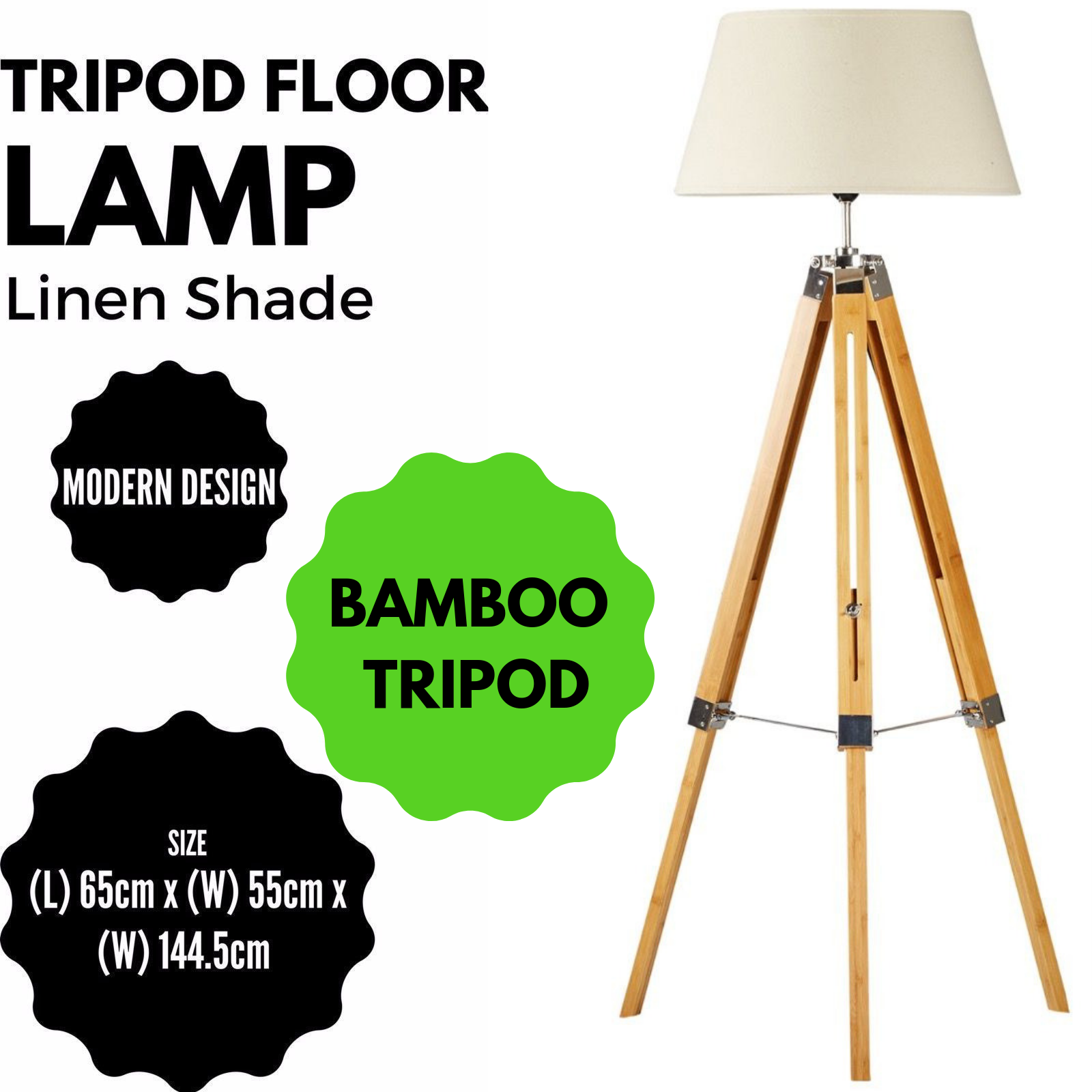 Large Tripod Floor Lamp with Linen Shade