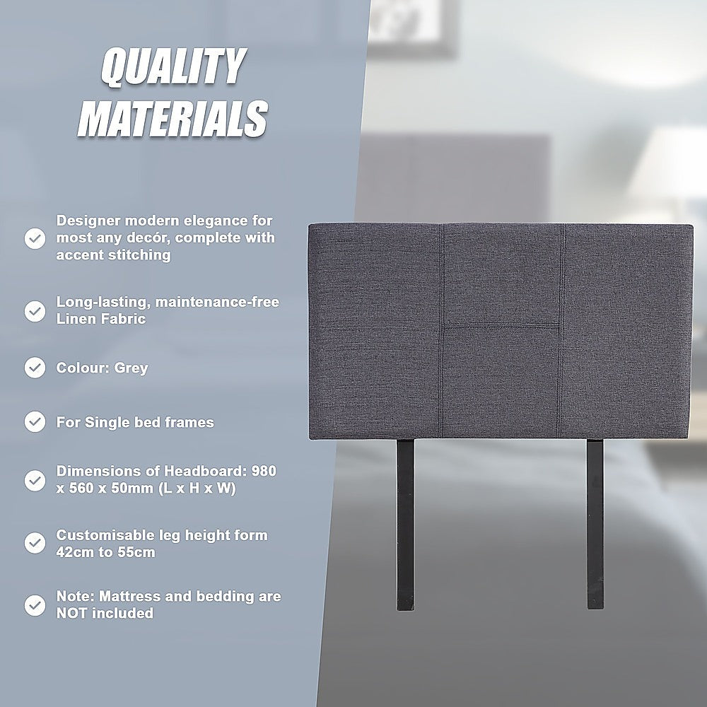 Linen Fabric Single Bed Headboard Bedhead - Grey