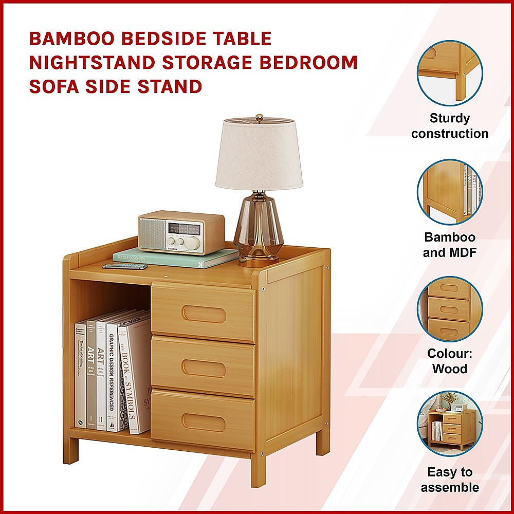 Bamboo Bedside Table Nightstand with Storage for Bedroom and Sofa Side Stand