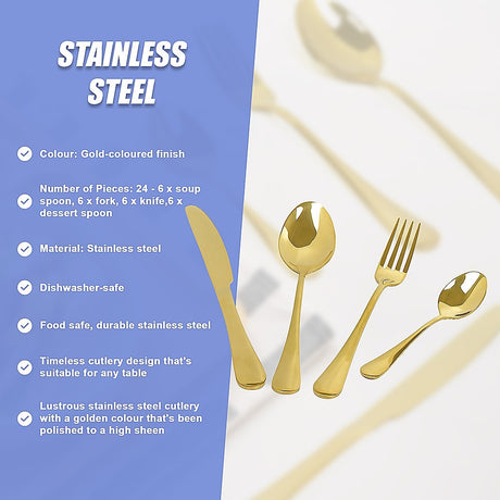 24-piece Gold Cutlery Flatware Stainless Steel Silverware Set Reflective Mirror Finish