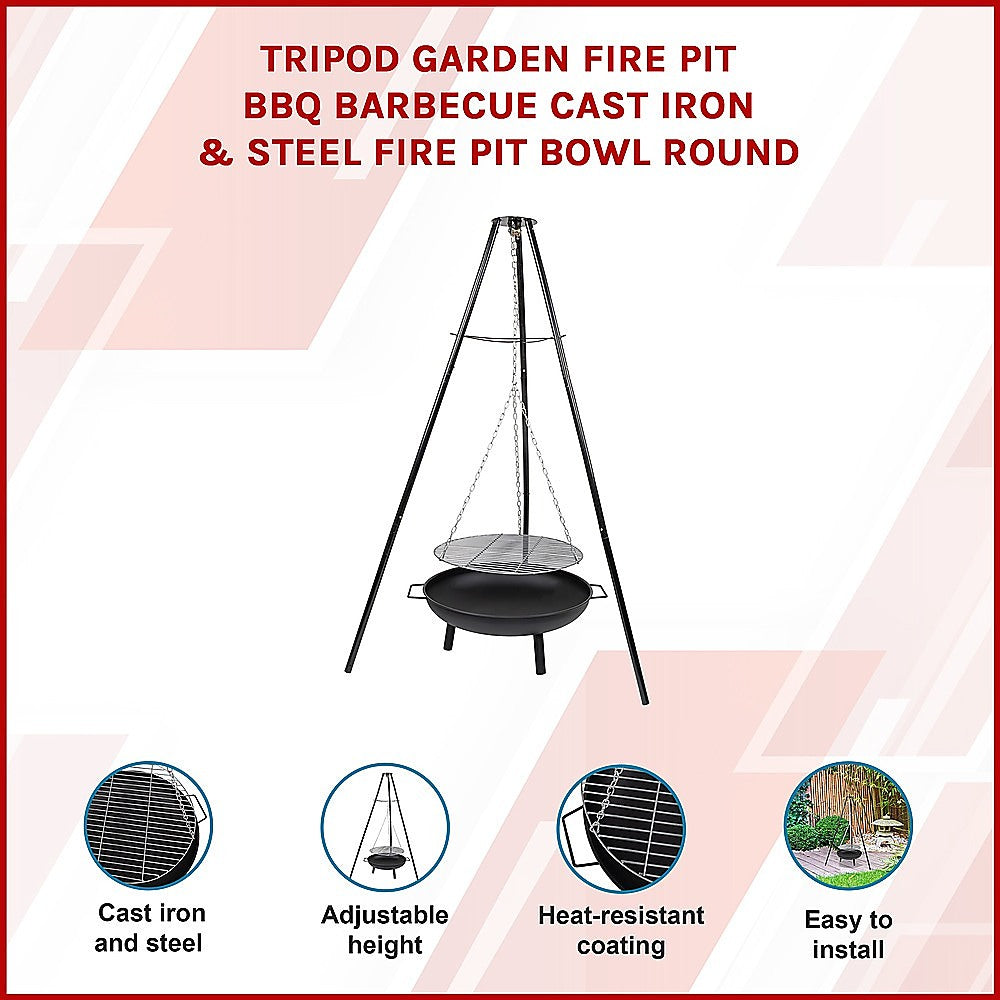 Tripod Cast Iron & Steel Fire Pit BBQ