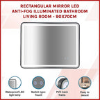 Rectangular Mirror LED Anti-Fog Illuminated Bathroom Living Room - 90x70cm
