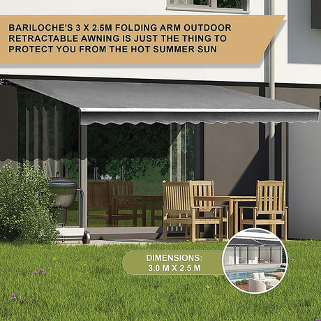 Outdoor Folding Arm Awning Retractable Sunshade Canopy Grey 3.0m x 2.5m