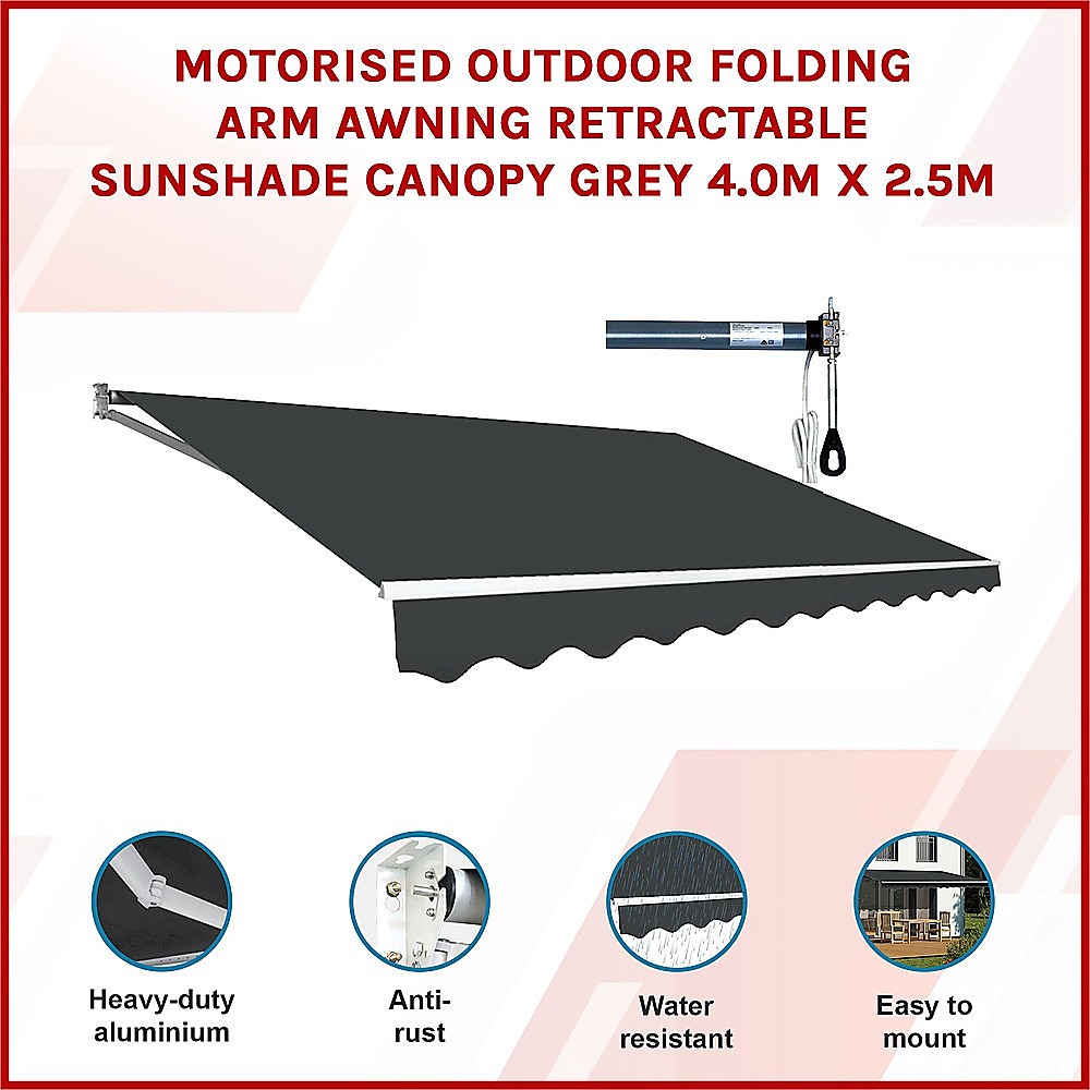 Motorised Outdoor Folding Arm Awning Retractable Sunshade Canopy Grey 4.0m x 2.5m