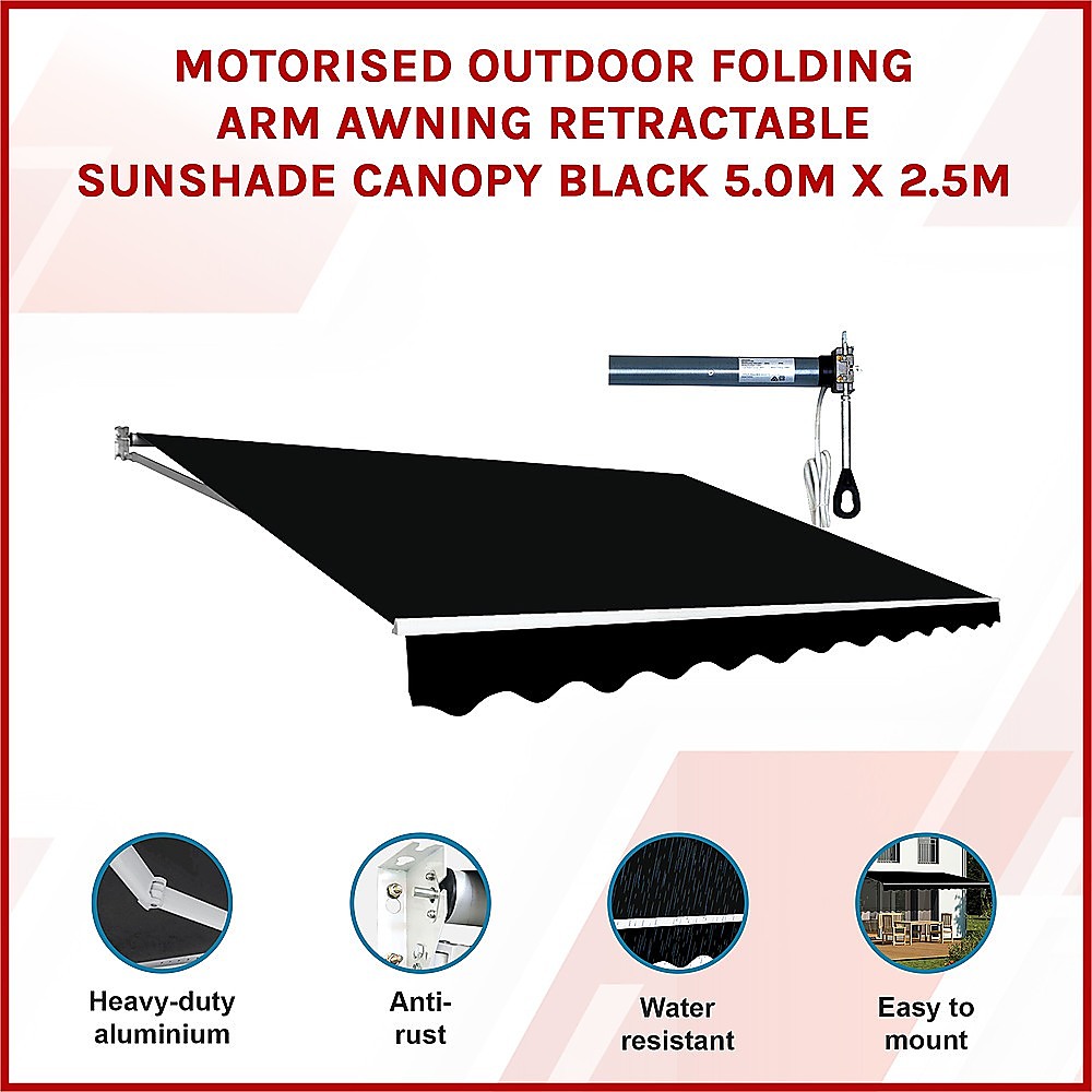 Motorised Outdoor Folding Arm Awning Retractable Sunshade Canopy Black 5.0m x 2.5m
