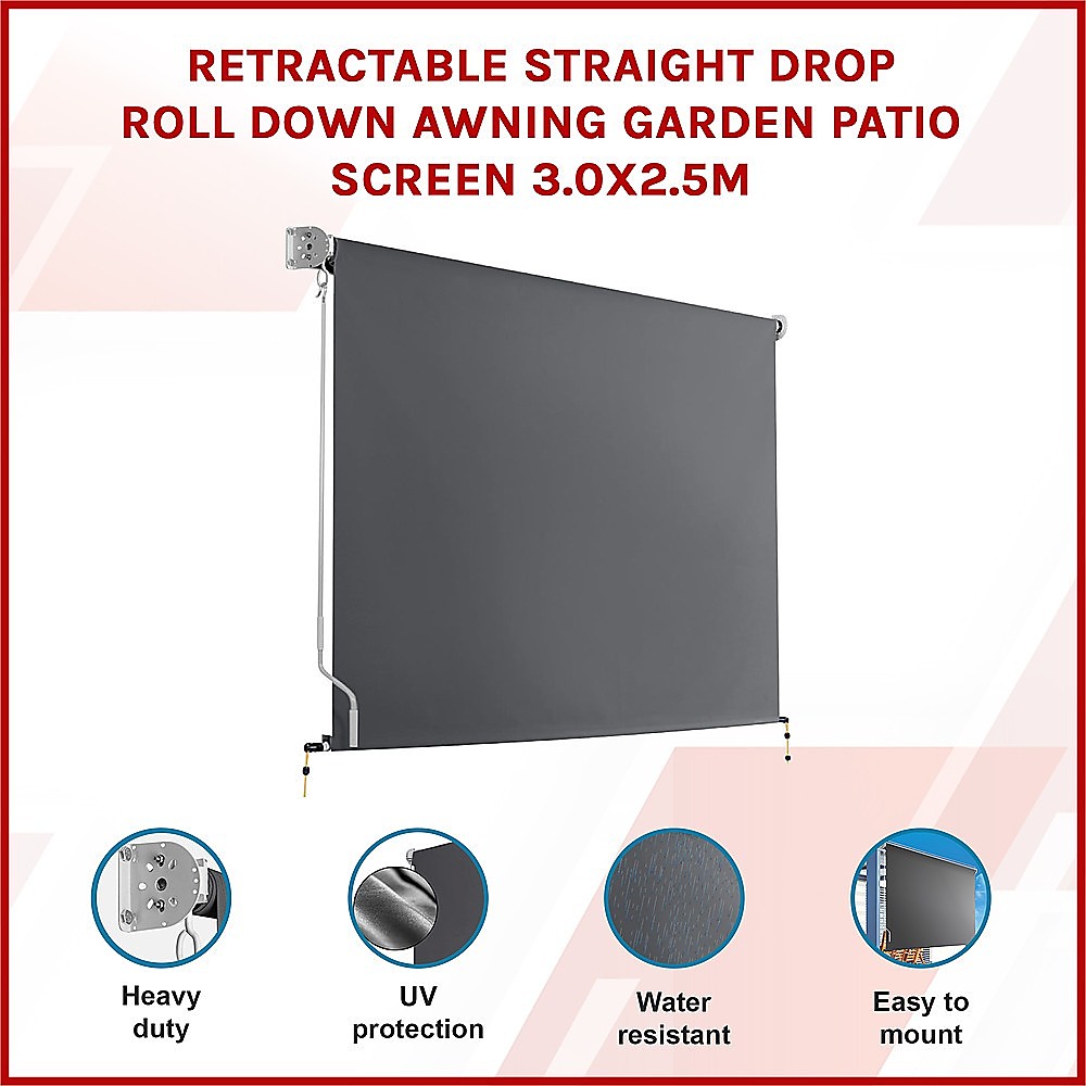 Retractable Straight Drop Roll Down Awning Garden Patio Screen 3.0X2.5M