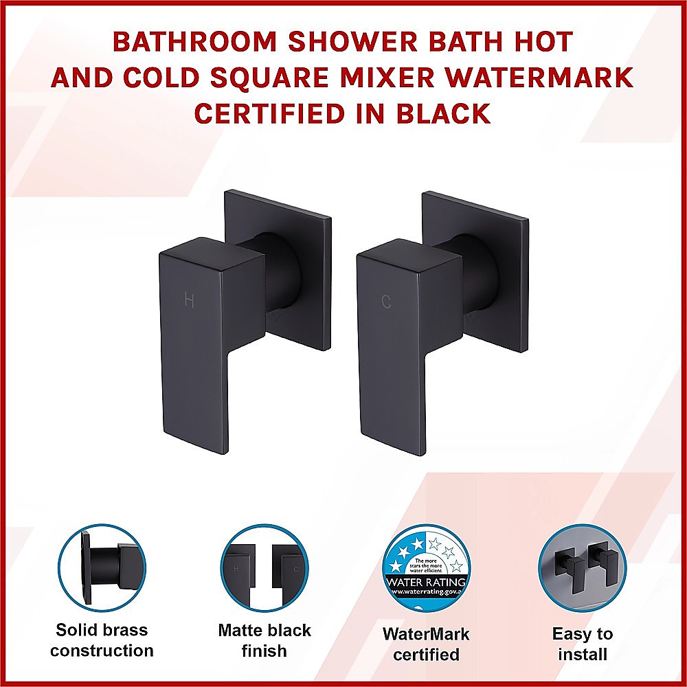 Bathroom Shower Bath Hot and Cold Square Mixer WATERMARK Certified in Black