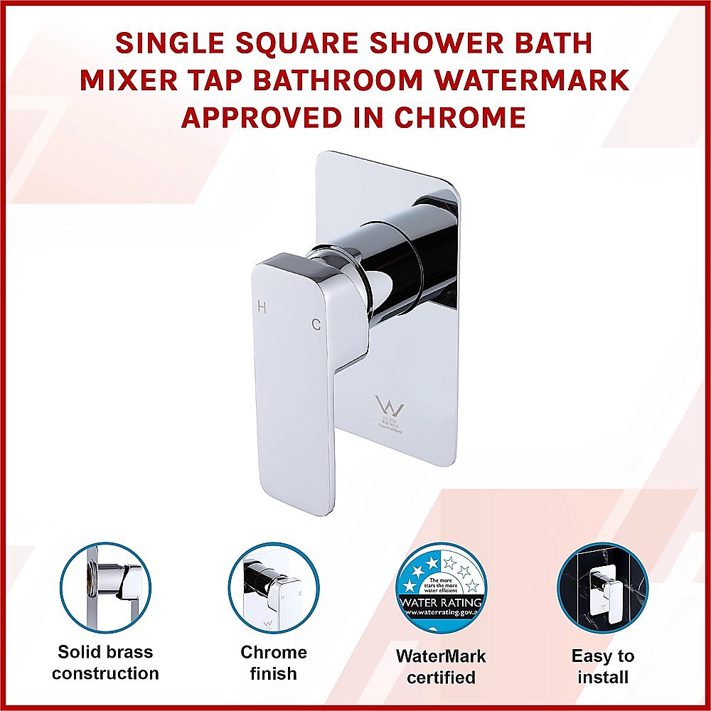 Single Square Shower Bath Mixer Tap Bathroom WATERMARK Approved in Chrome