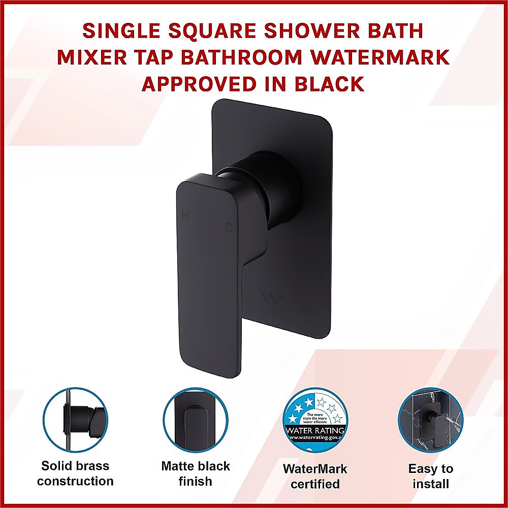 Single Square Shower Bath Mixer Tap Bathroom WATERMARK Approved in Black