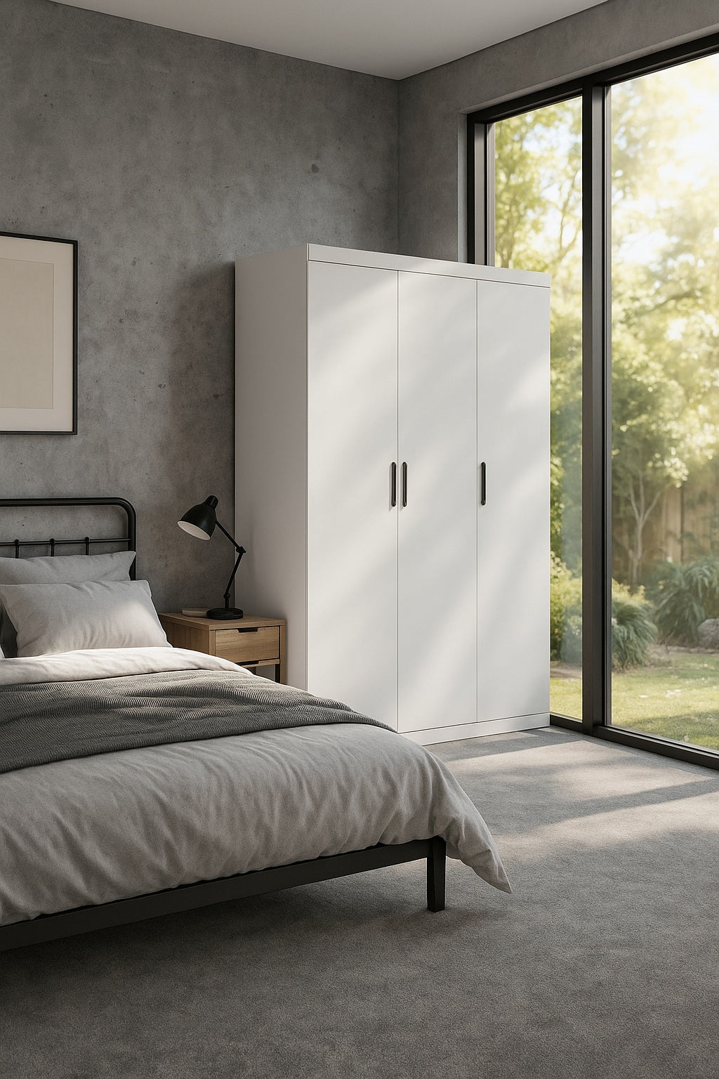 Modern White Gloss 3-Door Wardrobe with Black Handles