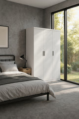 Modern White Gloss 3-Door Wardrobe with Black Handles