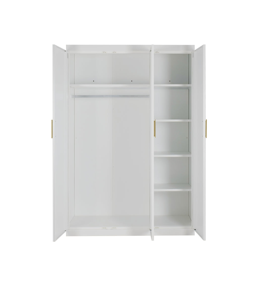 Elegant 3 Door White Gloss Wardrobe with Gold Handles