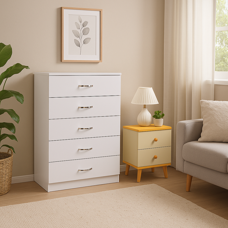 Elegant 5-Layer White Drawer Chest with Bedside Table
