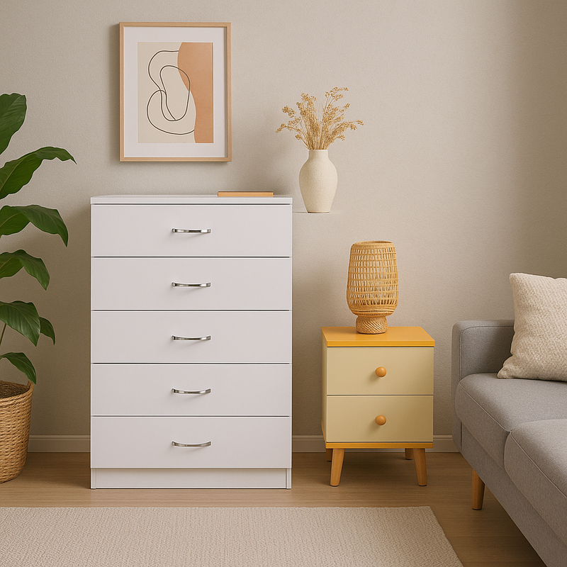 Elegant 5-Layer White Drawer Chest with Bedside Table