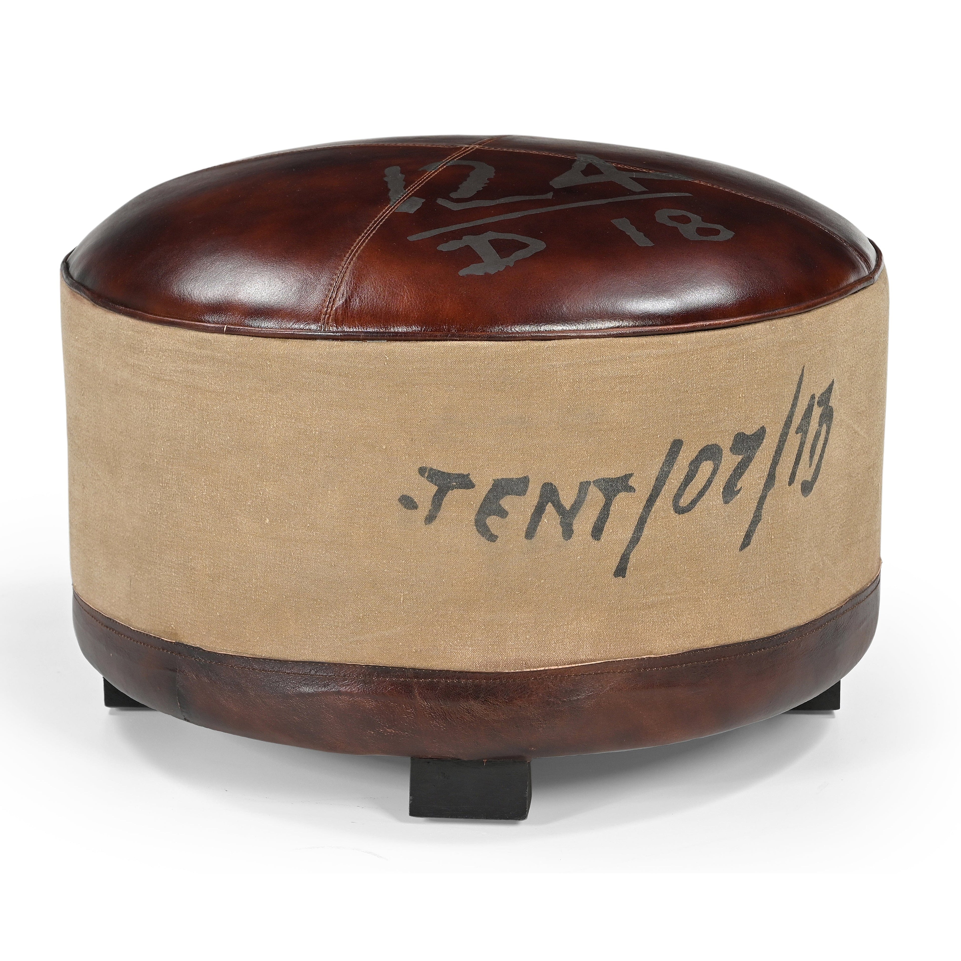 Vintage Round Leather & Canvas Ottoman