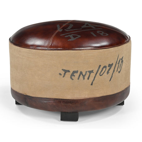 Vintage Round Leather & Canvas Ottoman