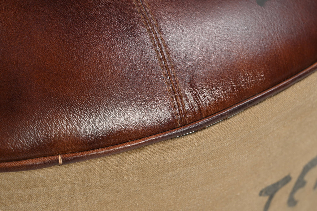 Vintage Round Leather & Canvas Ottoman