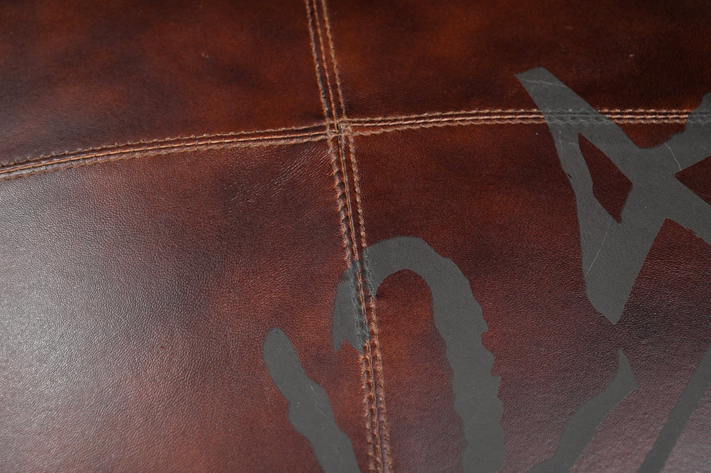 Vintage Round Leather & Canvas Ottoman