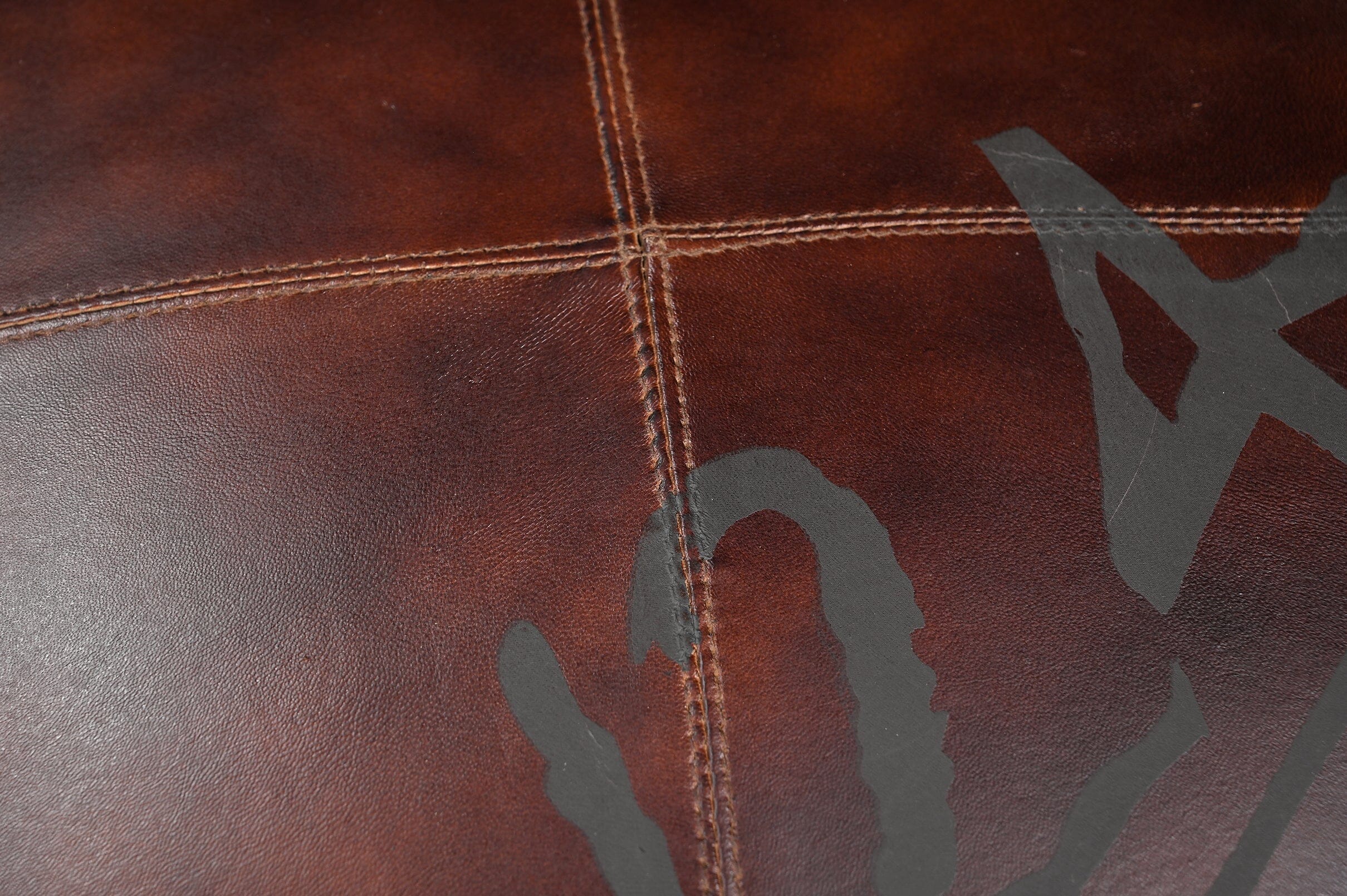 Vintage Round Leather & Canvas Ottoman