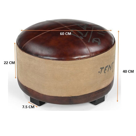 Vintage Round Leather & Canvas Ottoman