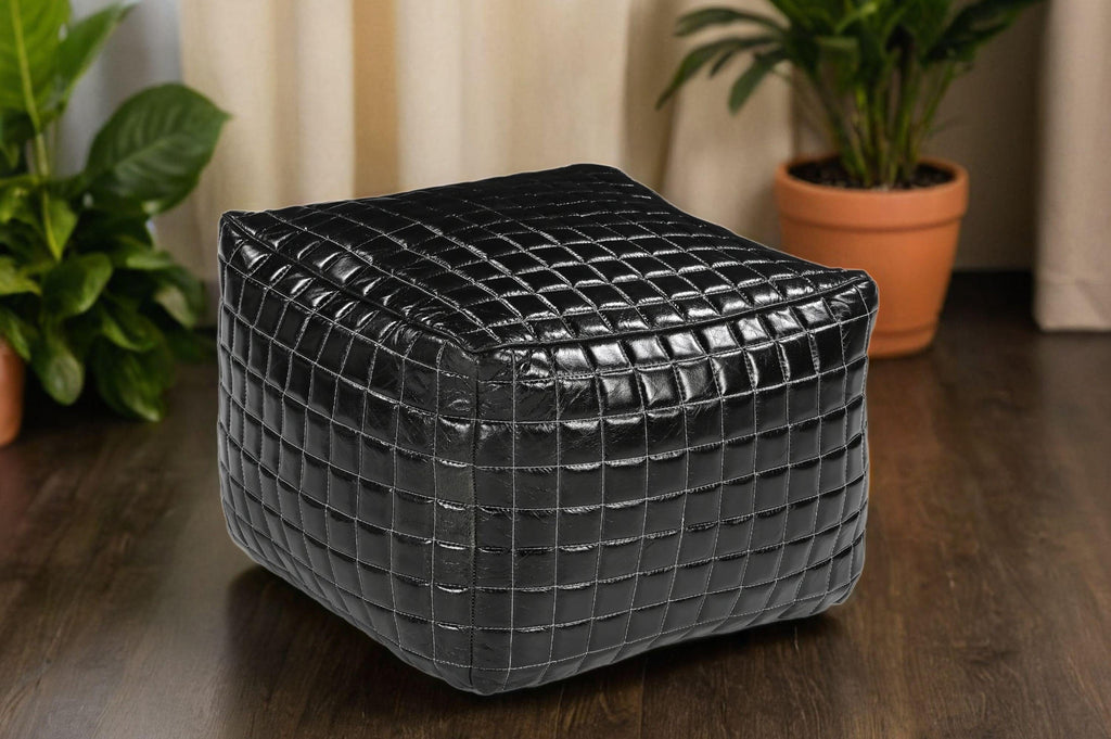 Sleek Black Genuine Leather Ottoman