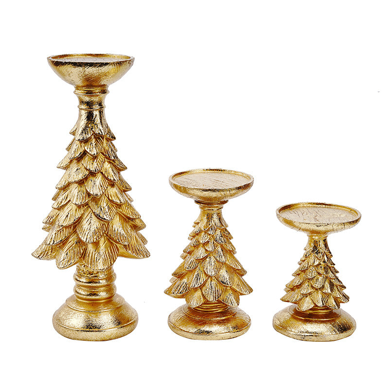 Elegant Gold Christmas Tree Candle Holder Set