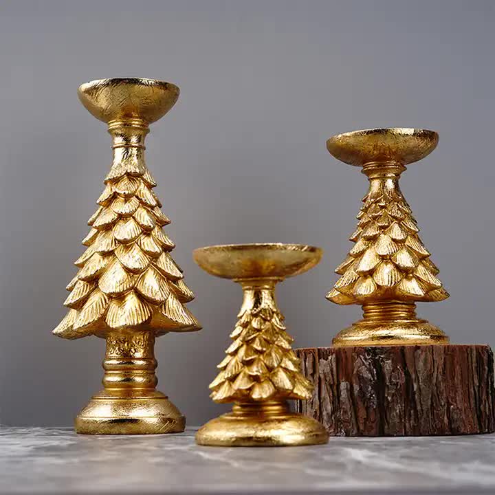 Elegant Gold Christmas Tree Candle Holder Set