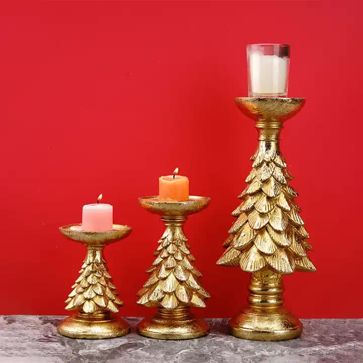 Elegant Gold Christmas Tree Candle Holder Set