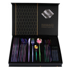 Colorful Color Premium 24-Piece Stainless Steel Cutlery Set - Elegant Golden Steak Knife, Fork, and Spoon Set in Luxury Gift Box