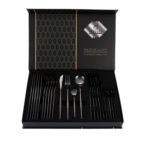 Black Color Premium 24-Piece Stainless Steel Cutlery Set - Elegant Golden Steak Knife, Fork, and Spoon Set in Luxury Gift Box