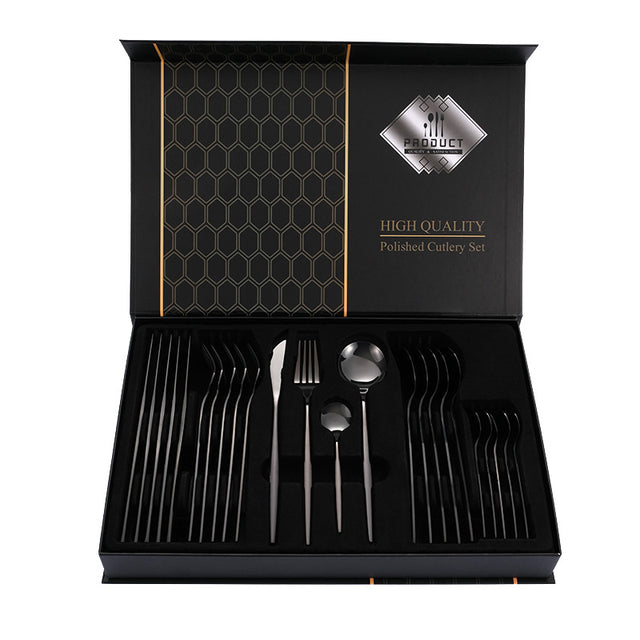 Black Color Premium 24-Piece Stainless Steel Cutlery Set - Elegant Golden Steak Knife, Fork, and Spoon Set in Luxury Gift Box