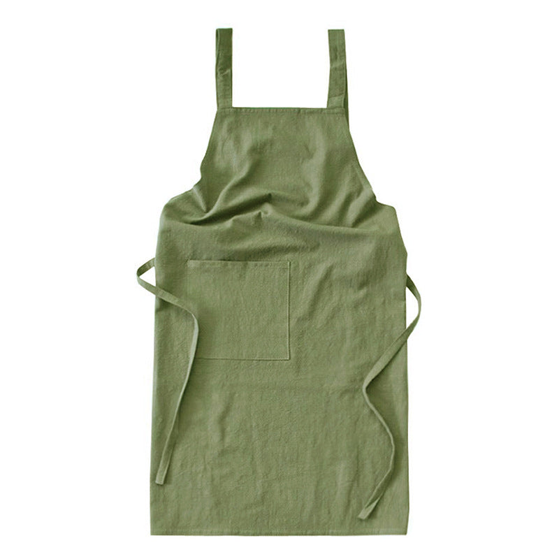 Green Cotton Linen H-Back Apron - Solid Color Kitchen Cooking Apron with Pocket