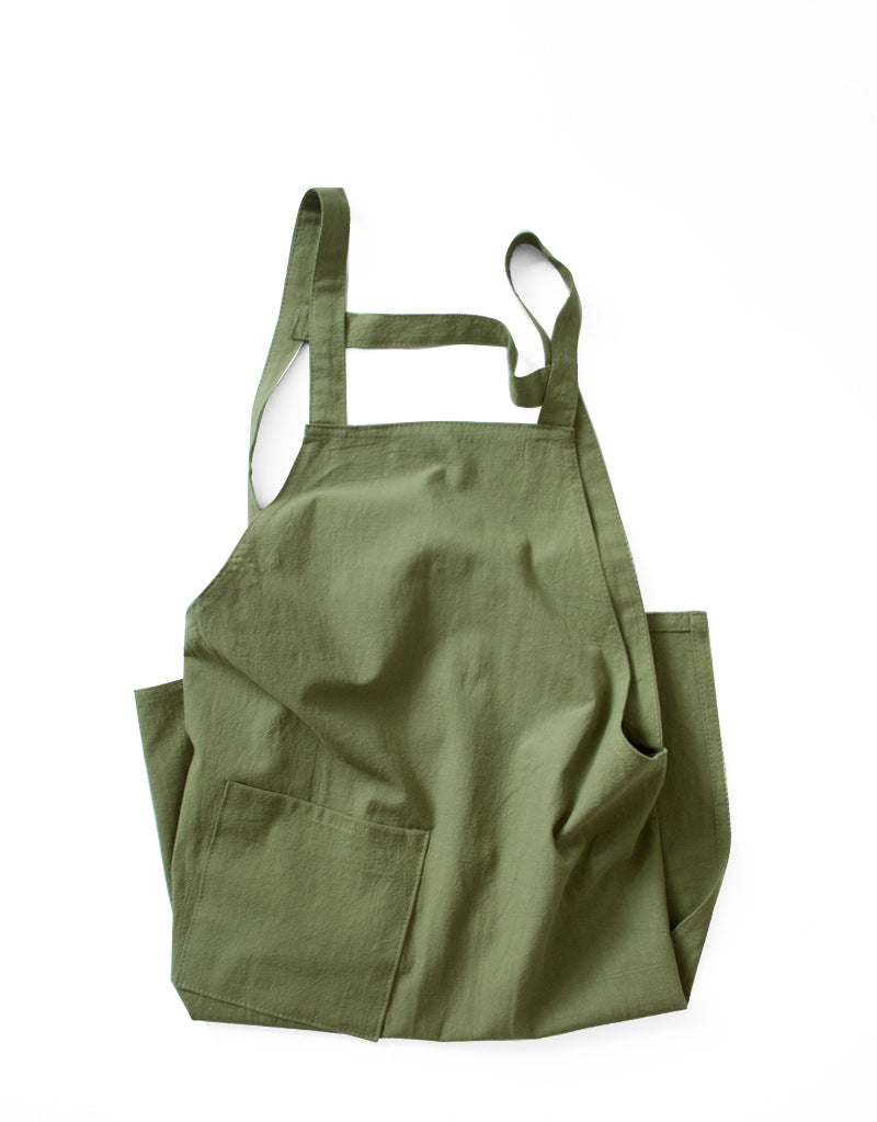 Blue Cotton Linen H-Back Apron - Solid Color Kitchen Cooking Apron with Pocket