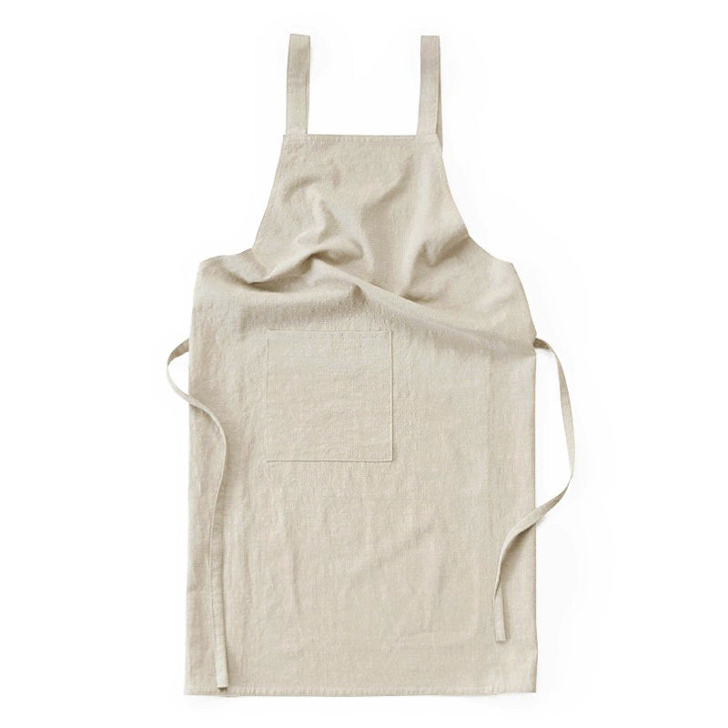 Off White Cotton Linen H-Back Apron - Solid Color Kitchen Cooking Apron with Pocket