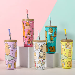 304 Stainless Steel Insulated Tumbler,Cartoon Design Portable Straw Cup for Home and Office(Light white)