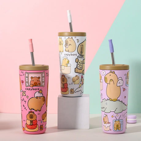 304 Stainless Steel Insulated Tumbler,Cartoon Design Portable Straw Cup for Home and Office(Light white)