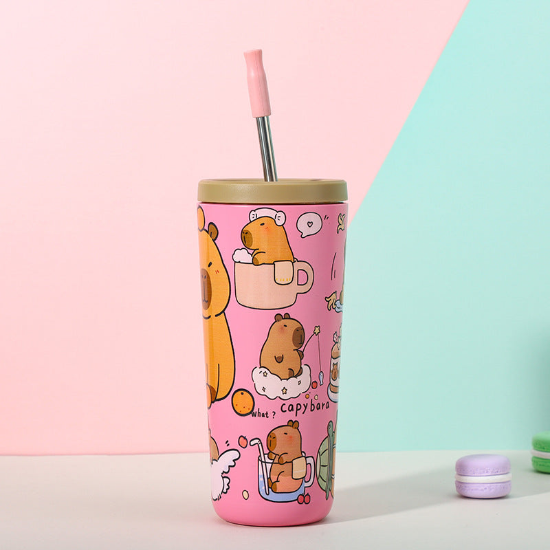 304 Stainless Steel Insulated Tumbler,Cartoon Design Portable Straw Cup for Home and Office(Pink)
