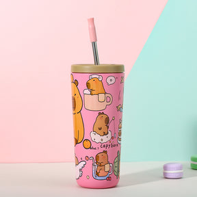 304 Stainless Steel Insulated Tumbler,Cartoon Design Portable Straw Cup for Home and Office(Pink)